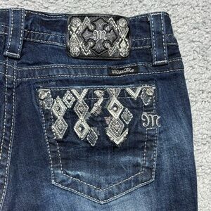 Miss Me Jeans Womens 30 Mid Rise Curvy Crop Dark Distressed Bling Embroidered